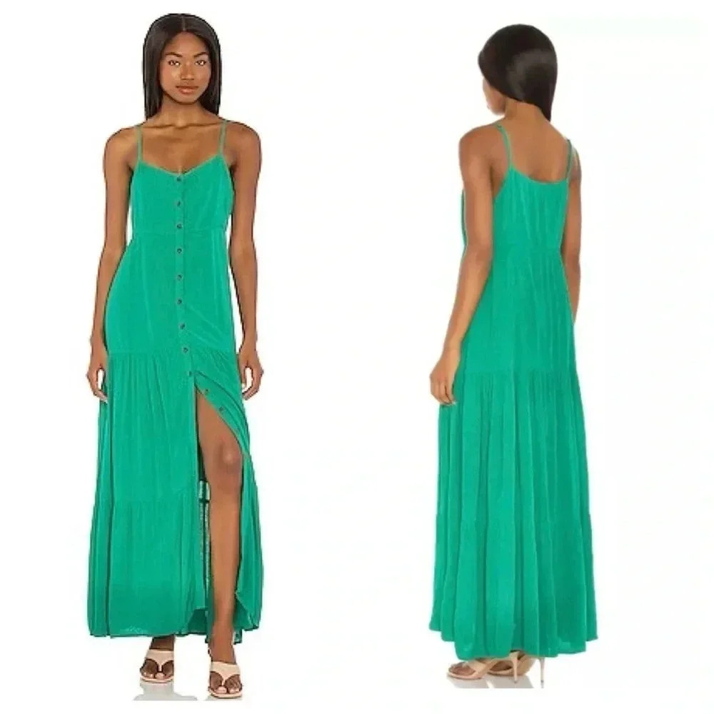 SANCTUARY Women’s Traveler Pleated Tiered Green Flowy Boho Maxi Dress Size S